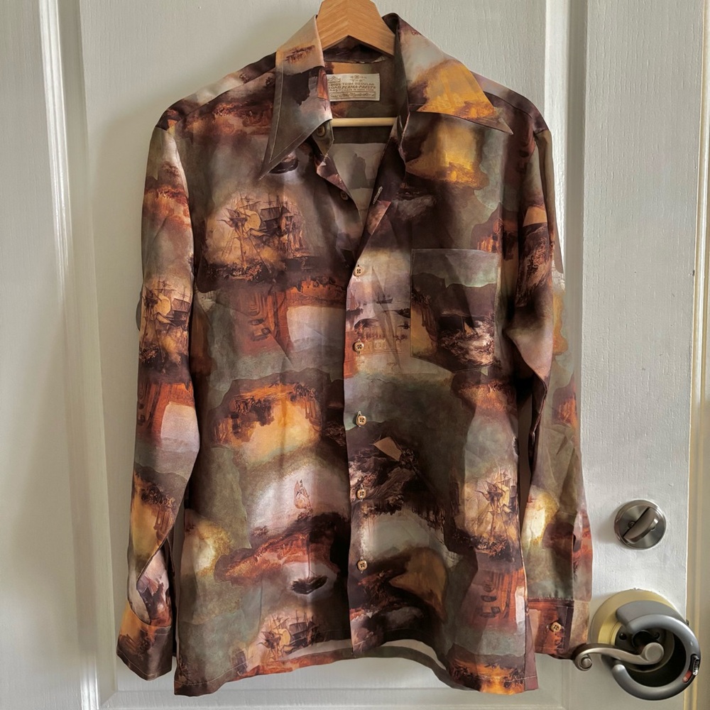 SEARS Kings Men’s 15.5 Boats Scenic Print Mod Disco Vintage Long Sleeve  Shirt